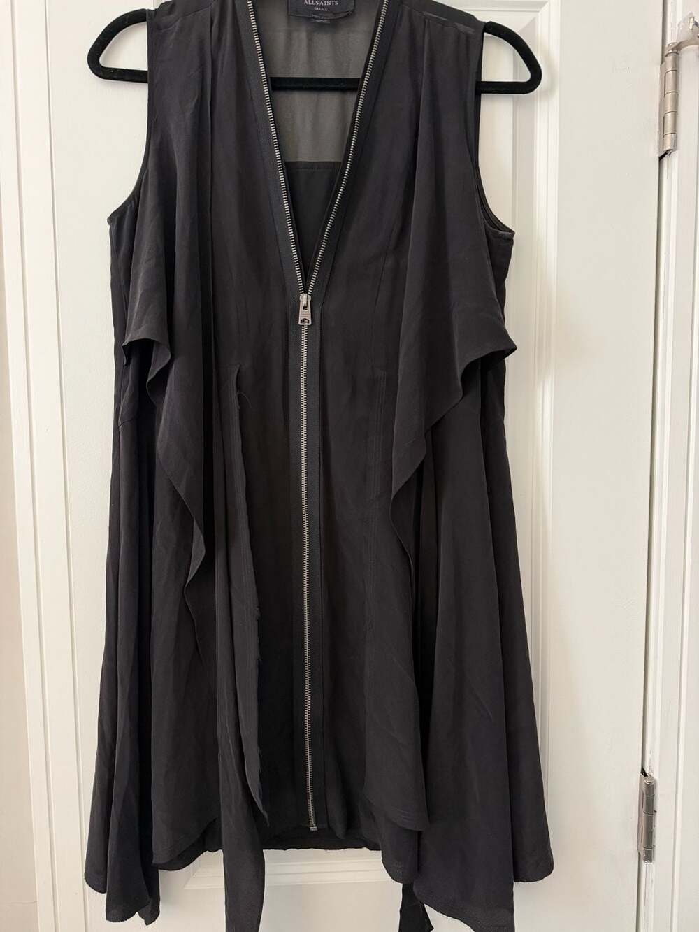 AllSaints Jayda Black 100% Silk Zip Front Sleeveless Dress